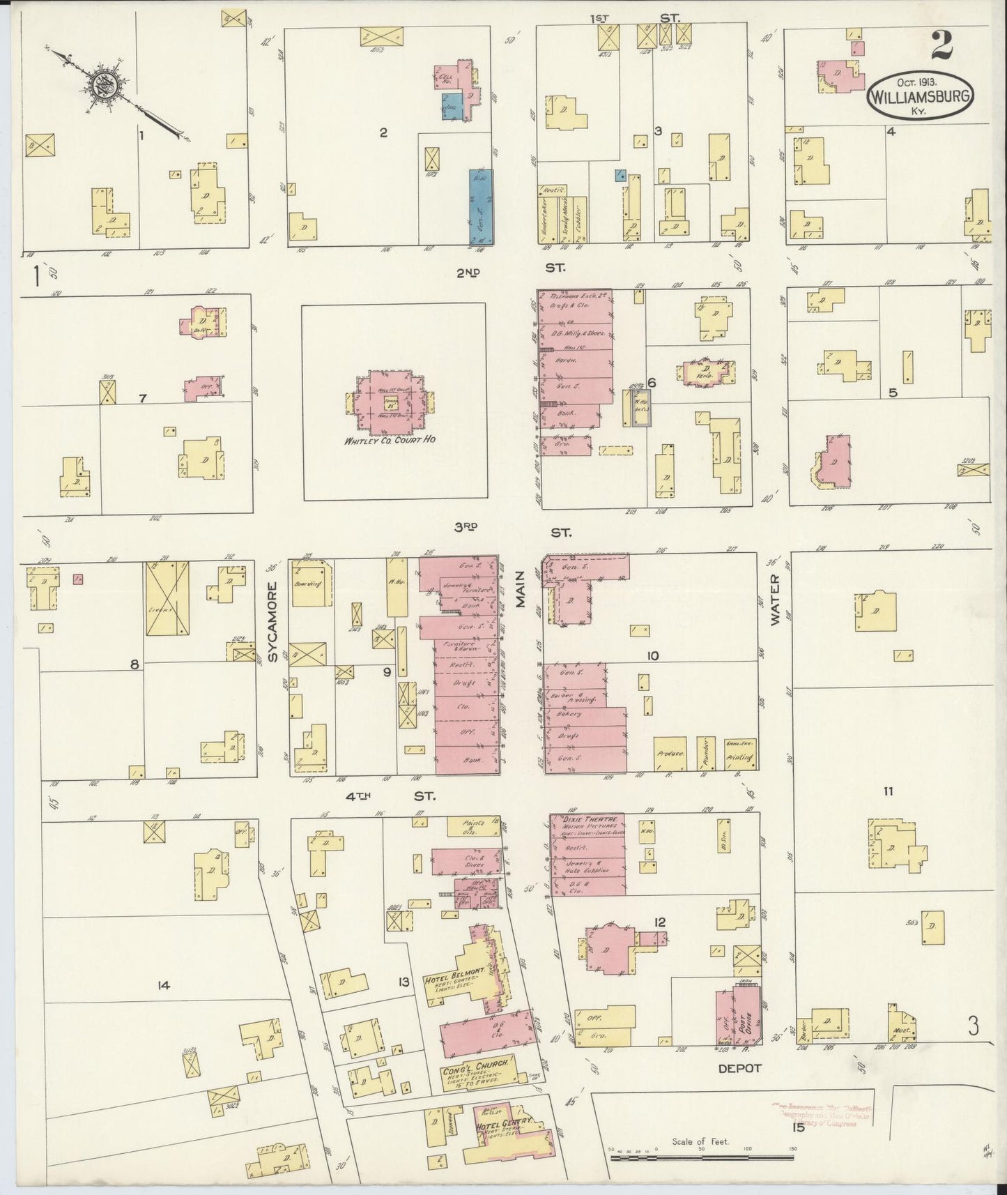 Sanborn Fire Insurance Map from Williamsburg, Whitley County, Kentucky (1913), Sheet #0002 - Complete Map Set gallery image, historic Sanborn map, vintage wall art, Kentucky Kentucky