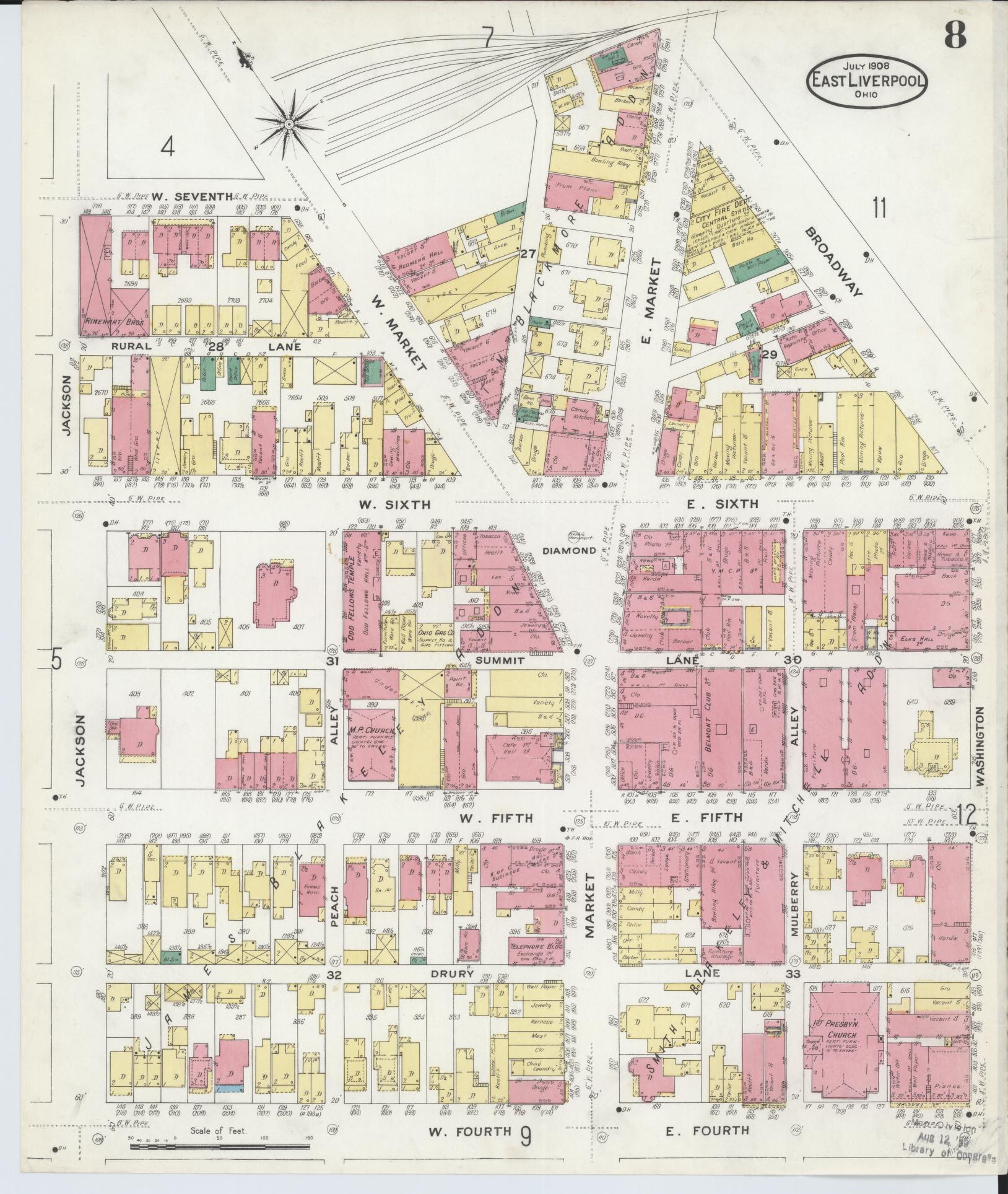 Sanborn Fire Insurance Map from East Liverpool, Columbiana County, Ohio (1908), Sheet #0008 - Historic Sanborn Fire Insurance Map Print, vintage old map wall art, antique decor, genealogy gift, Ohio Ohio map