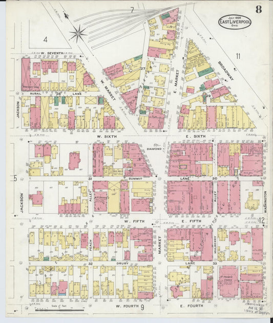 Sanborn Fire Insurance Map from East Liverpool, Columbiana County, Ohio (1908), Sheet #0008 - Historic Sanborn Fire Insurance Map Print, vintage old map wall art, antique decor, genealogy gift, Ohio Ohio map