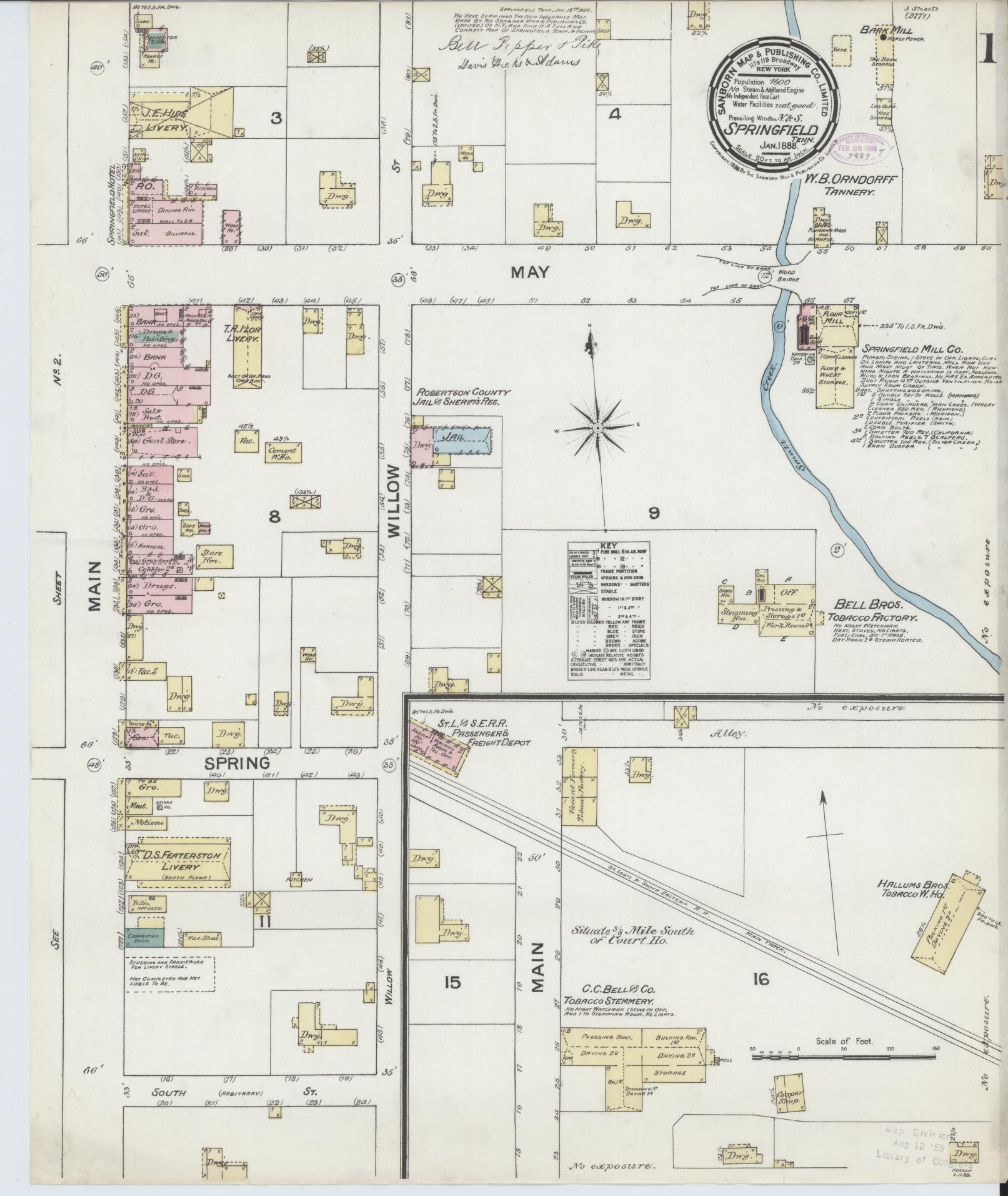 Sanborn Fire Insurance Map from Springfield, Robertson County, Tennessee. (1888) – Historic Sanborn Fire Insurance Map Print