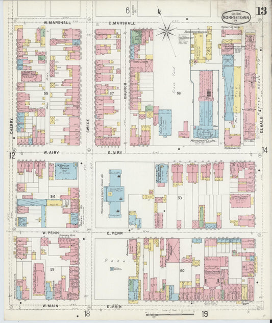 Sanborn Fire Insurance Map from Norristown, Montgomery County, Pennsylvania (1896), Sheet #0013 - Historic Sanborn Fire Insurance Map Print, vintage old map wall art, antique decor, genealogy gift, Pennsylvania Pennsylvania map