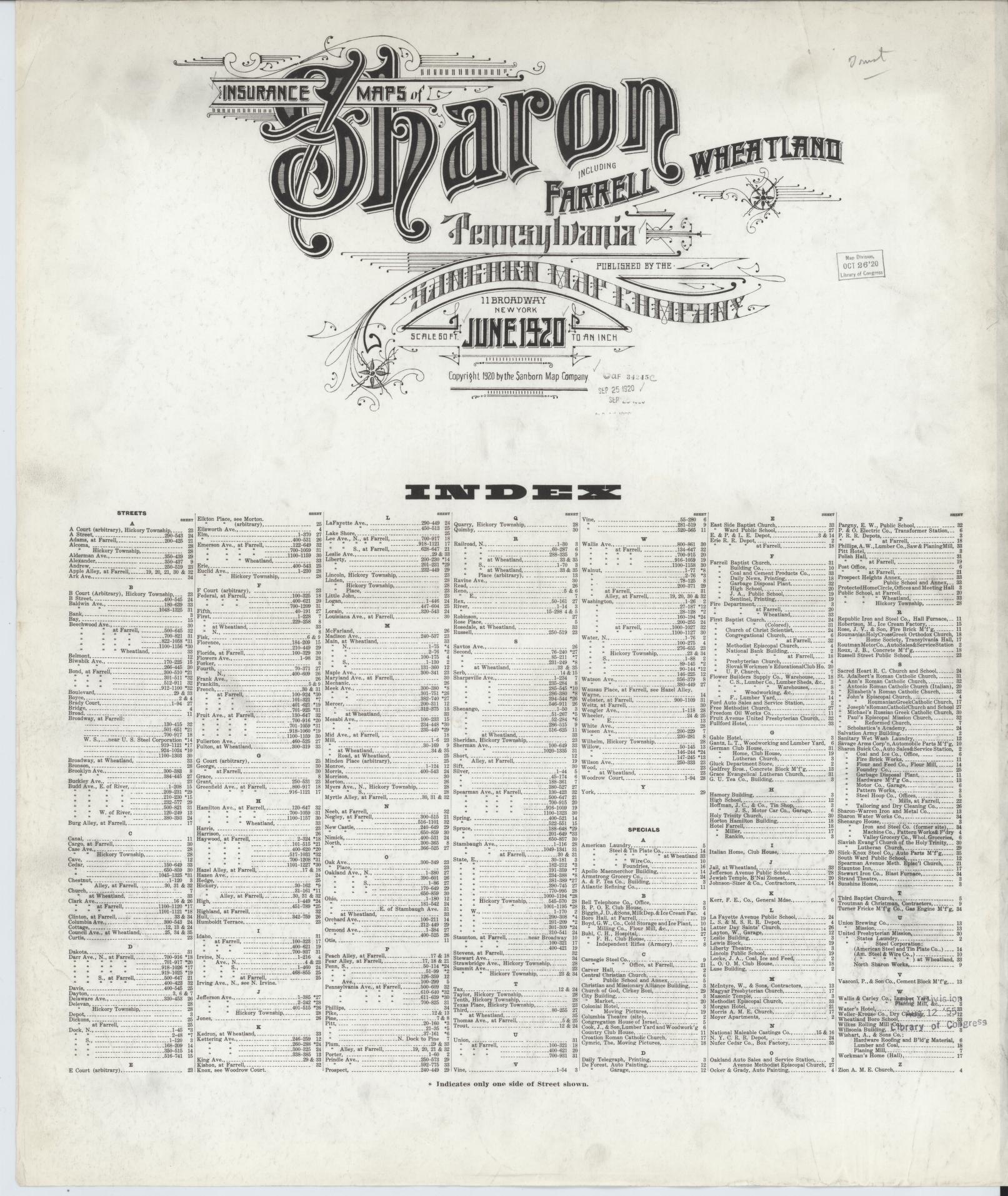 Sanborn Fire Insurance Map from Sharon, Mercer County, Pennsylvania. (1920), Sheet 1 – Historic Sanborn Fire Insurance Map Print