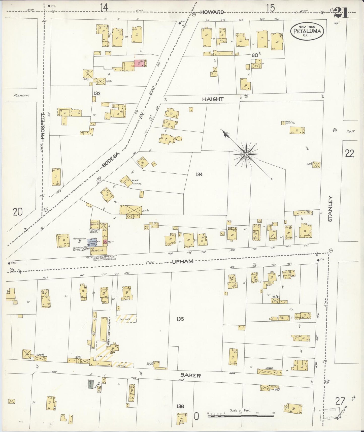 Sanborn Fire Insurance Map from Petaluma, Sonoma County, California (1906), Sheet #0021 - Complete Map Set gallery image, historic Sanborn map, vintage wall art, California California