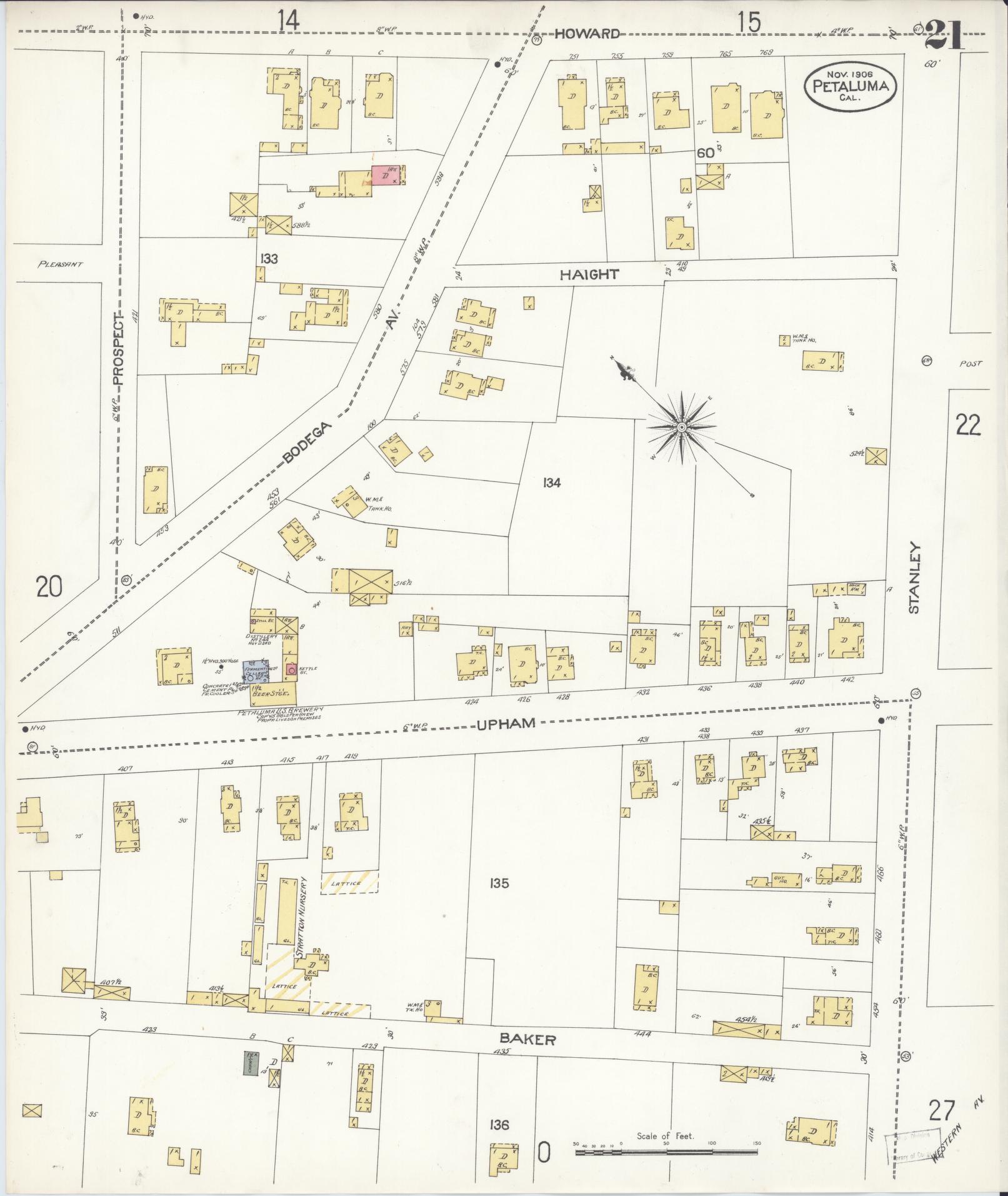 Sanborn Fire Insurance Map from Petaluma, Sonoma County, California (1906), Sheet #0021 - Complete Map Set gallery image, historic Sanborn map, vintage wall art, California California