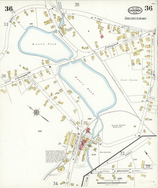 Sanborn Fire Insurance Map from Gardner, Worcester County, Massachusetts (1923), Sheet #0036 - Historic Sanborn Fire Insurance Map Print, vintage old map wall art, antique decor, genealogy gift, Massachusetts Massachusetts map