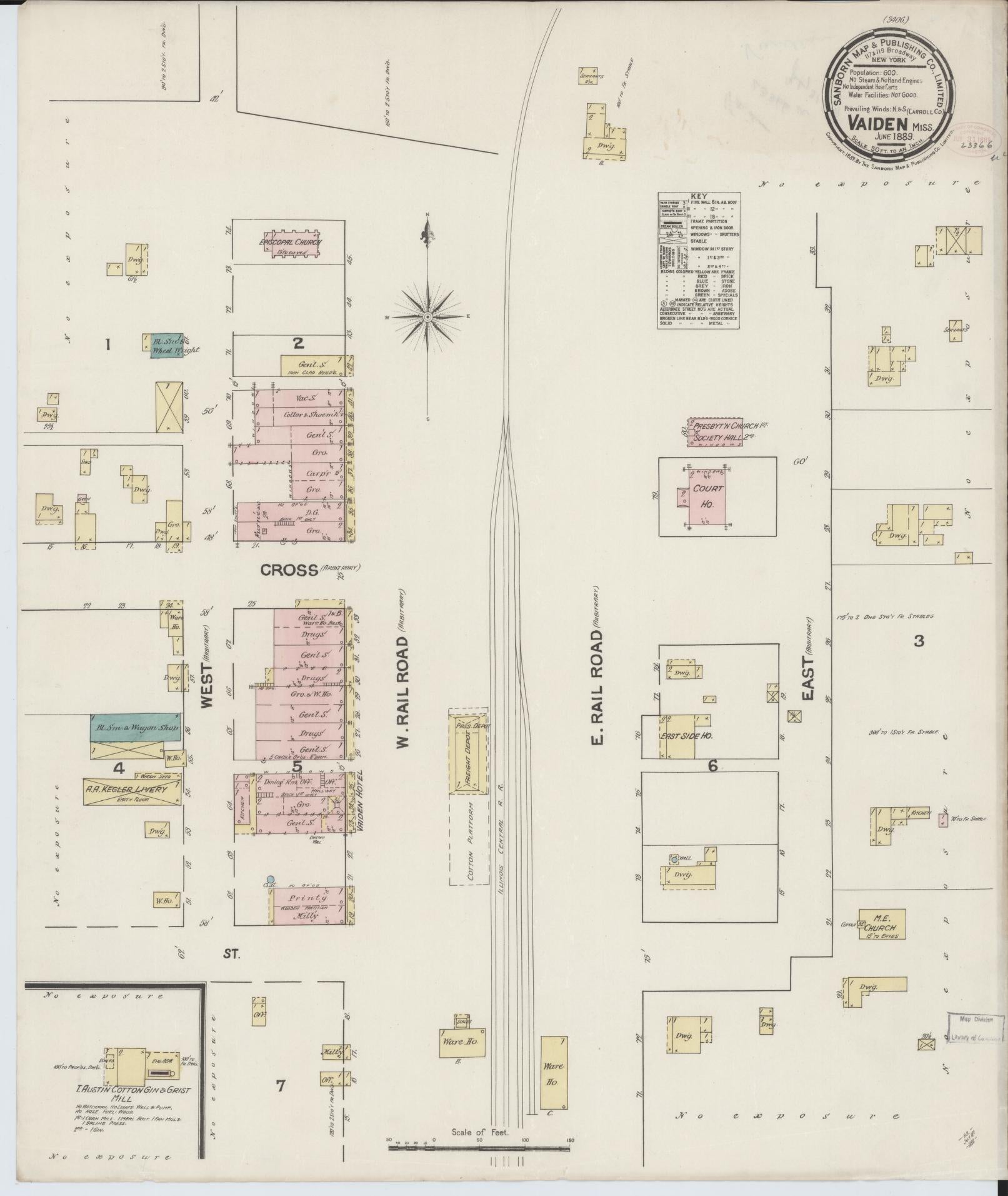 Sanborn Fire Insurance Map from Vaiden, Carroll County, Mississippi (1889), Sheet #0001 - Historic Sanborn Fire Insurance Map Print, vintage old map wall art, antique decor, genealogy gift, Mississippi Mississippi map