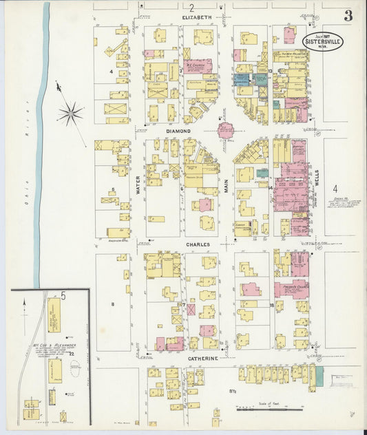 Sanborn Fire Insurance Map from Sistersville, Tyler County, West Virginia (1907), Sheet #0003 - Historic Sanborn Fire Insurance Map Print, vintage old map wall art, antique decor, genealogy gift, West Virginia West Virginia map