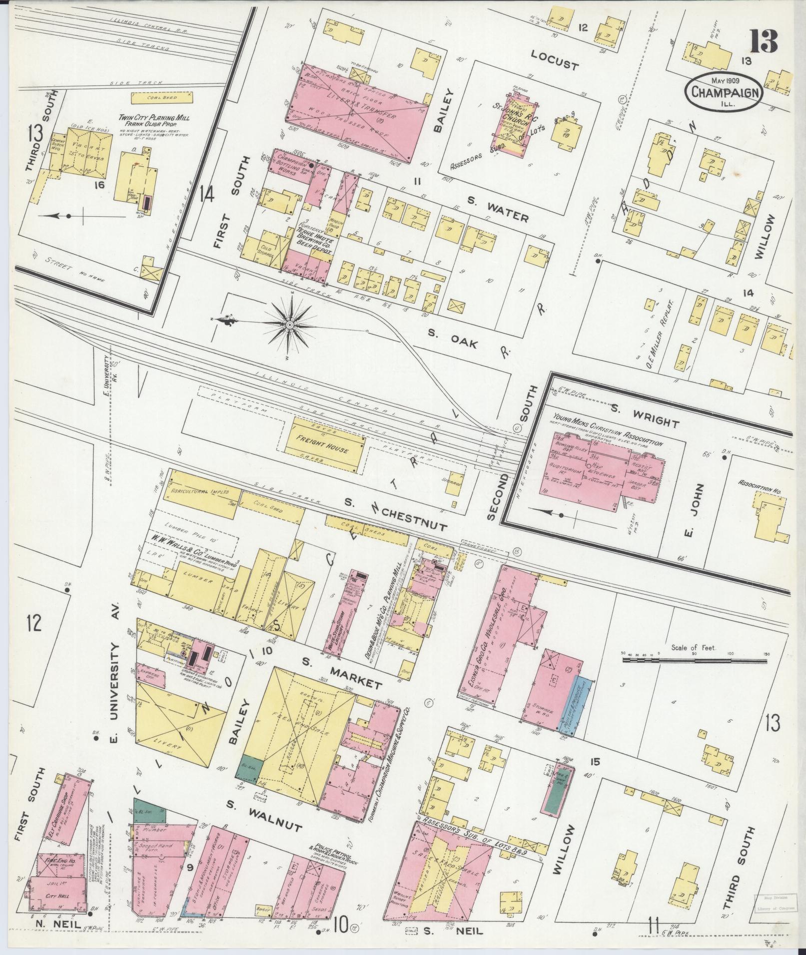 Sanborn Fire Insurance Map from Champaign, Champaign County, Illinois (1909), Sheet #0013 - Historic Sanborn Fire Insurance Map Print, vintage old map wall art, antique decor, genealogy gift, Illinois Illinois map