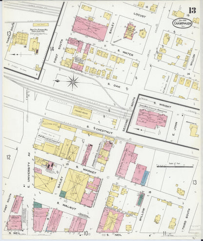 Sanborn Fire Insurance Map from Champaign, Champaign County, Illinois (1909), Sheet #0013 - Historic Sanborn Fire Insurance Map Print, vintage old map wall art, antique decor, genealogy gift, Illinois Illinois map