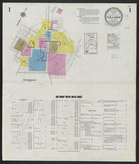 Sanborn Fire Insurance Map from Cullman, Cullman County, Alabama (1926), Sheet #0001 - Complete Map Set gallery image, historic Sanborn map, vintage wall art, Alabama Alabama