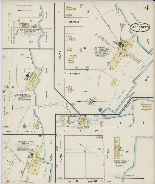 Sanborn Fire Insurance Map from Aberdeen, Grays Harbor County, Washington (1889), Sheet #0004 - Historic Sanborn Fire Insurance Map Print, vintage old map wall art, antique decor, genealogy gift, Washington Washington map