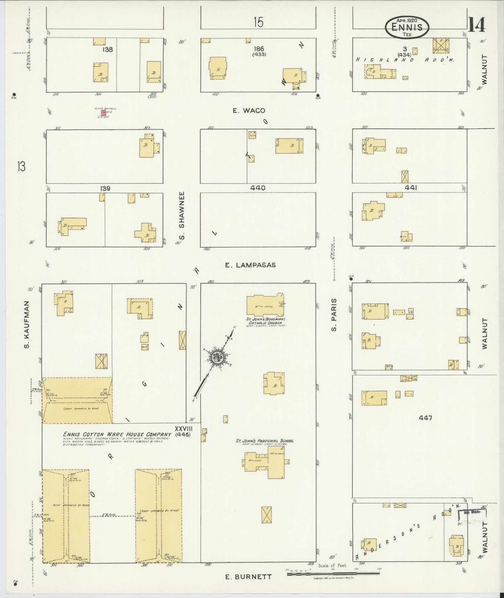 Sanborn Fire Insurance Map from Ennis, Ellis County, Texas (1920), Sheet #0014 - Historic Sanborn Fire Insurance Map Print, vintage old map wall art, antique decor, genealogy gift, Texas Texas map