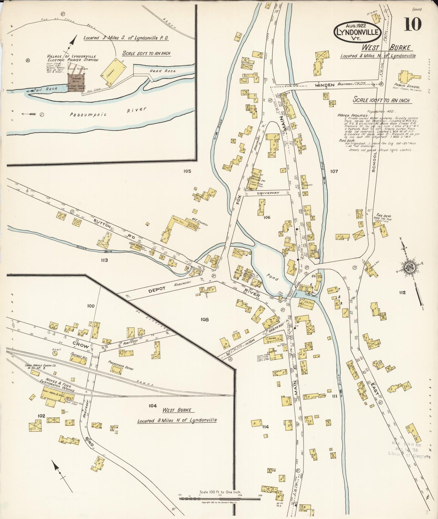 Sanborn Fire Insurance Map from Lyndonville, Caledonia County, Vermont (1922), Sheet #0010 - Historic Sanborn Fire Insurance Map Print, vintage old map wall art, antique decor, genealogy gift, Vermont Vermont map