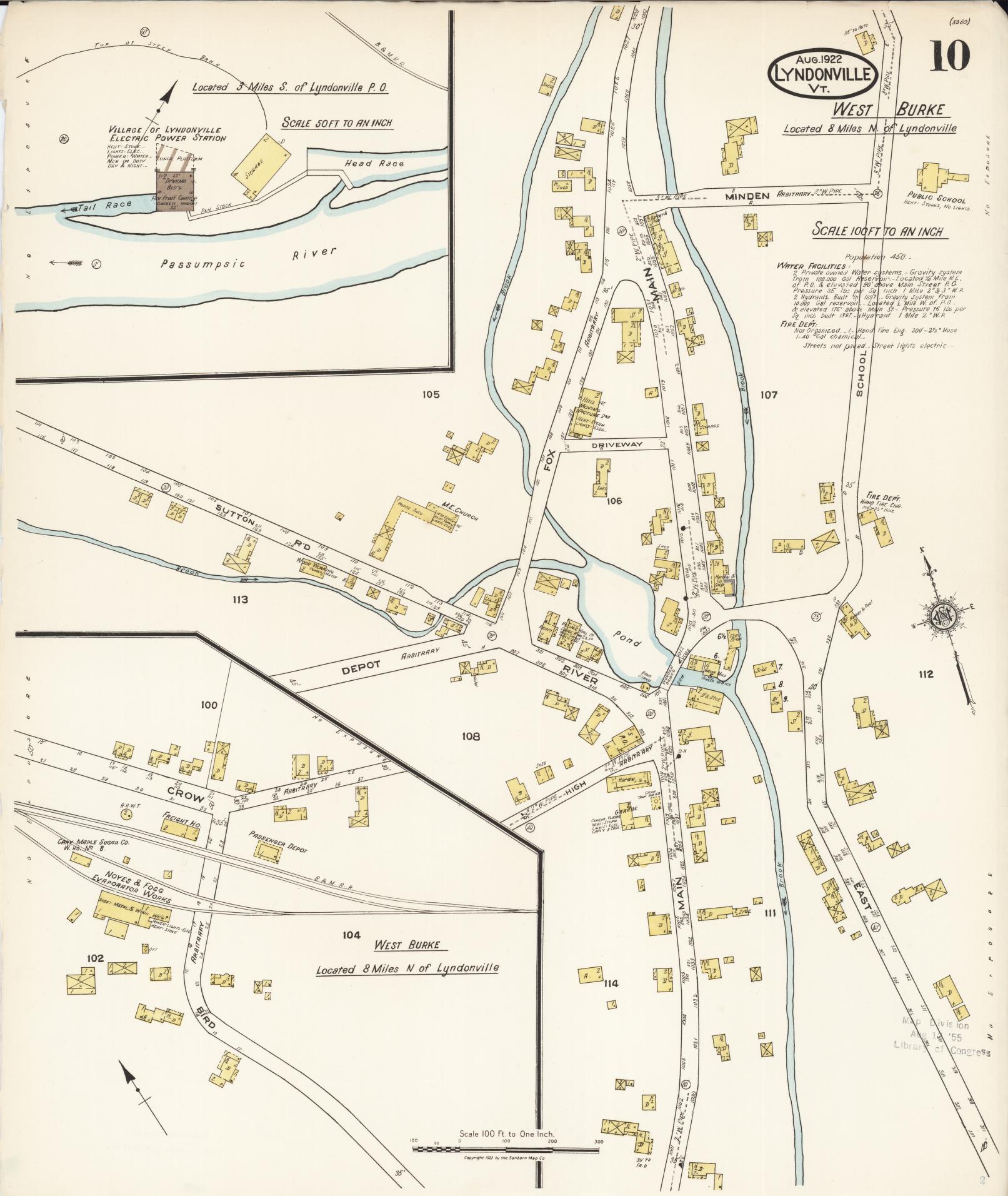 Sanborn Fire Insurance Map from Lyndonville, Caledonia County, Vermont (1922), Sheet #0010 - Historic Sanborn Fire Insurance Map Print, vintage old map wall art, antique decor, genealogy gift, Vermont Vermont map