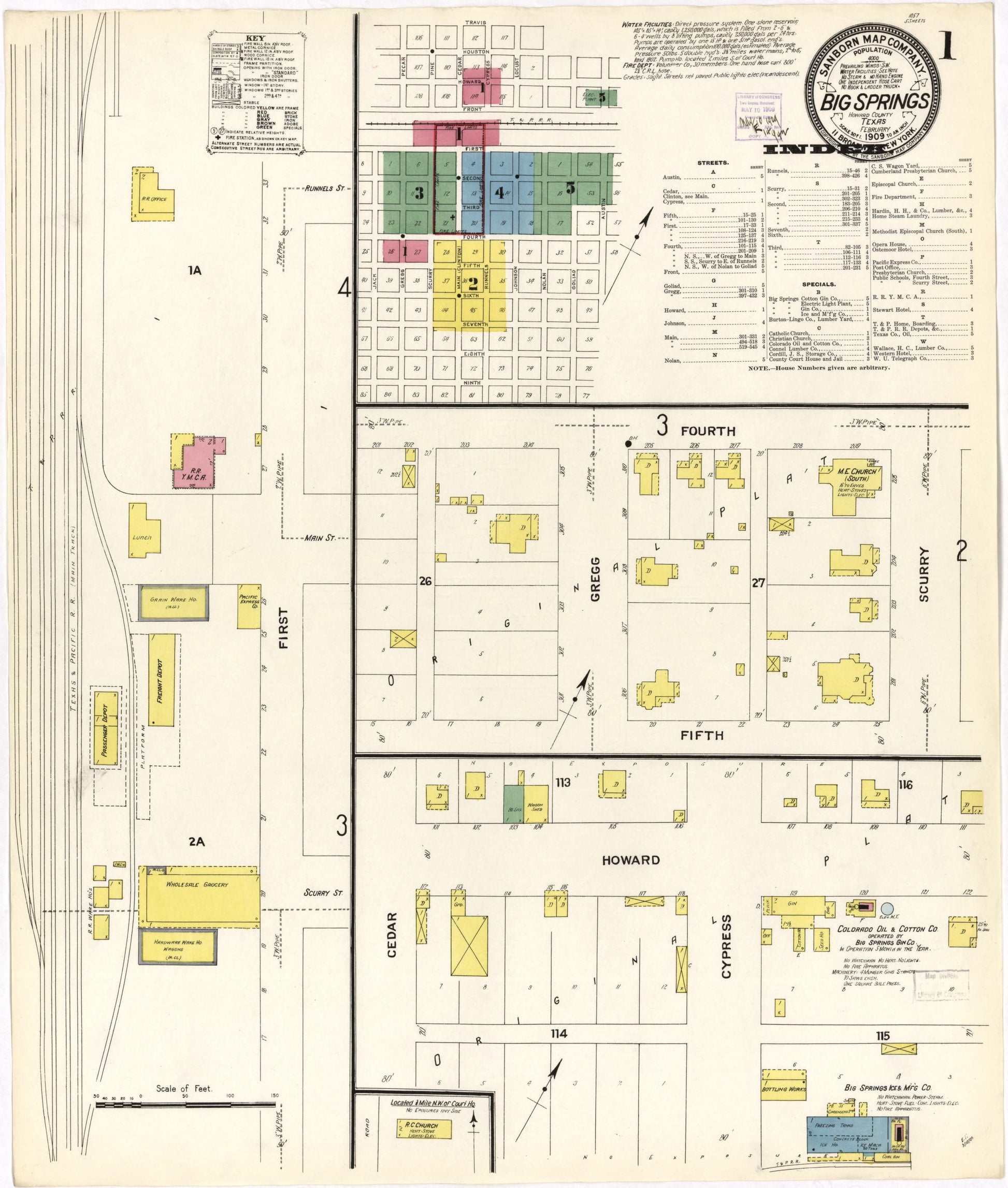 Sanborn Fire Insurance Map from Big Spring, Howard County, Texas (1909), Sheet #0001 - Historic Sanborn Fire Insurance Map Print, vintage old map wall art, antique decor, genealogy gift, Texas Texas map