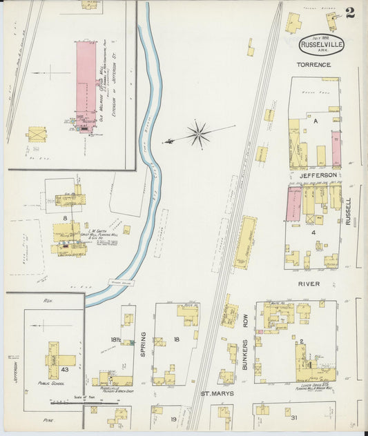 Sanborn Fire Insurance Map from Russellville, Pope County, Arkansas (1892), Sheet #0002 - Historic Sanborn Fire Insurance Map Print, vintage old map wall art, antique decor, genealogy gift, Arkansas Arkansas map