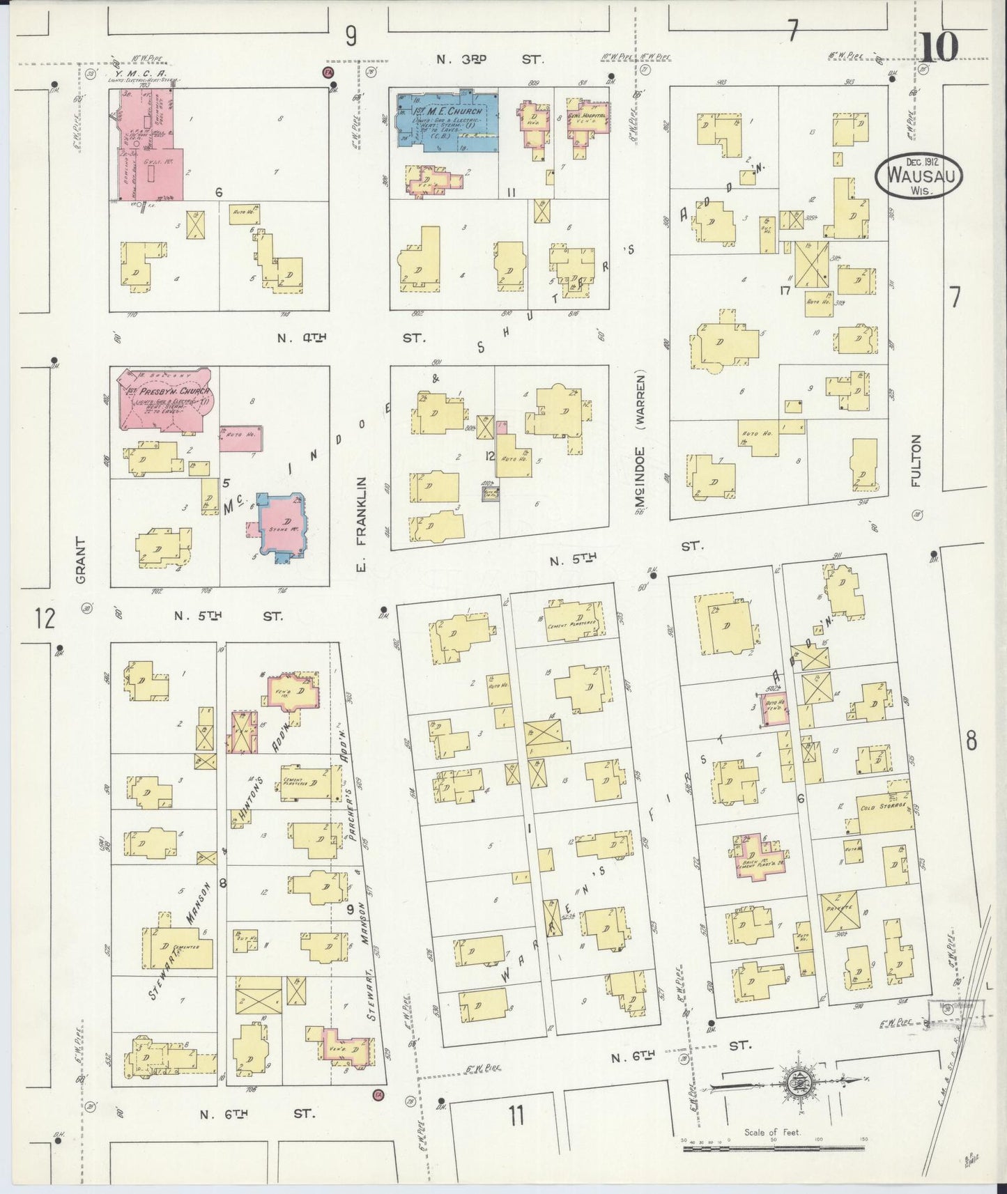 Sanborn Fire Insurance Map from Wausau, Marathon County, Wisconsin (1912), Sheet #0010 - Historic Sanborn Fire Insurance Map Print, vintage old map wall art, antique decor, genealogy gift, Wisconsin Wisconsin map