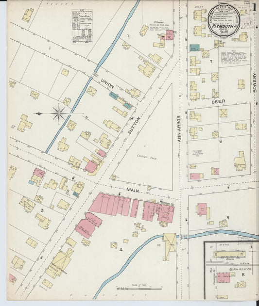 Sanborn Fire Insurance Map from Plymouth, Wayne County, Michigan (1893), Sheet #0001 - Historic Sanborn Fire Insurance Map Print, vintage old map wall art, antique decor, genealogy gift, Michigan Michigan map