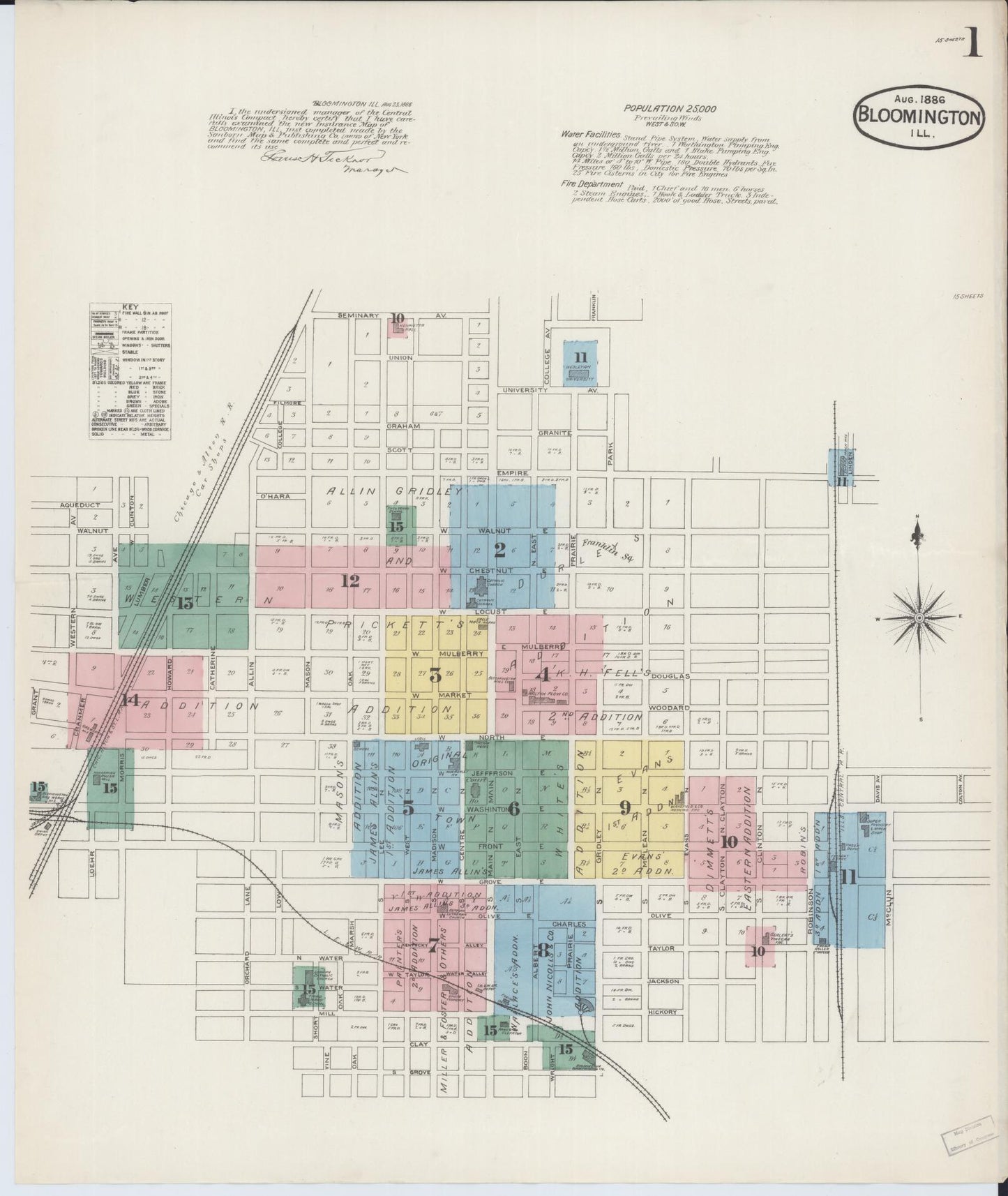 Sanborn Fire Insurance Map from Bloomington, McLean County, Illinois (1886), Sheet #0001 - Complete Map Set gallery image, historic Sanborn map, vintage wall art, Illinois Illinois