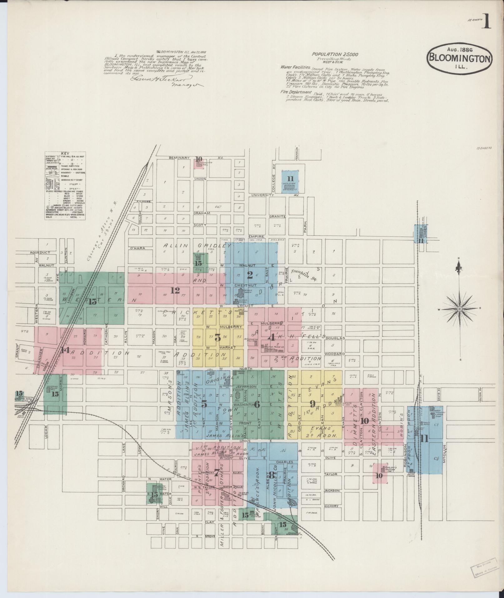 Sanborn Fire Insurance Map from Bloomington, McLean County, Illinois (1886), Sheet #0001 - Complete Map Set gallery image, historic Sanborn map, vintage wall art, Illinois Illinois