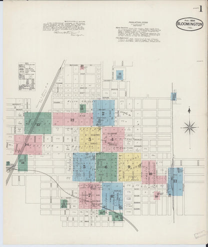 Sanborn Fire Insurance Map from Bloomington, McLean County, Illinois (1886), Sheet #0001 - Complete Map Set gallery image, historic Sanborn map, vintage wall art, Illinois Illinois