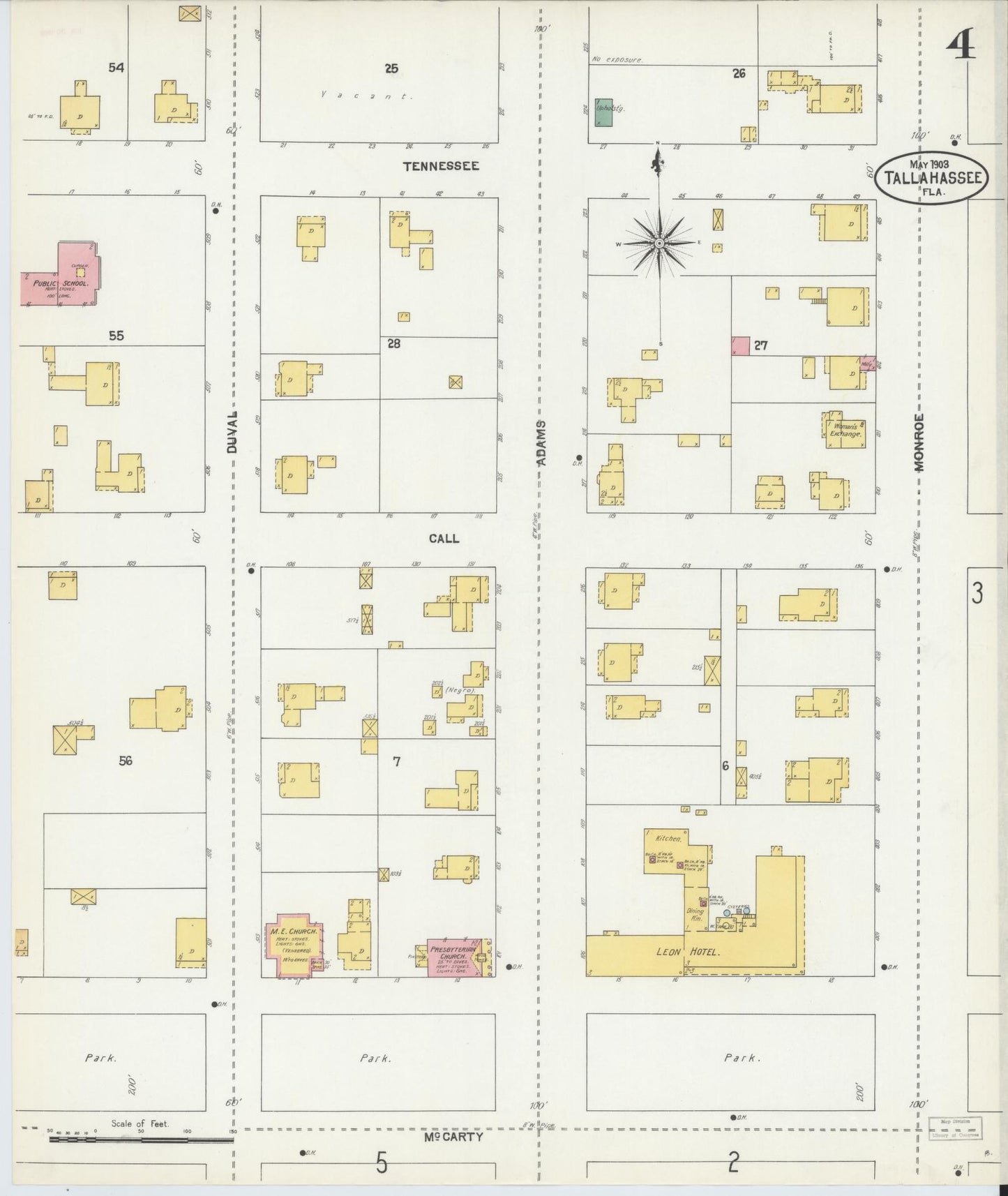Sanborn Fire Insurance Map from Tallahassee, Leon County, Florida (1903), Sheet #0004 - Complete Map Set gallery image, historic Sanborn map, vintage wall art, Florida Florida