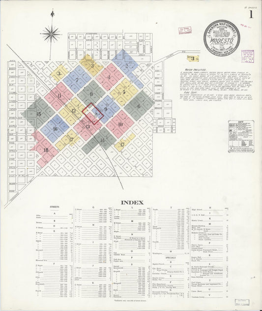Sanborn Fire Insurance Map from Modesto, Stanislaus County, California (1907), Sheet #0001 - Complete Map Set gallery image, historic Sanborn map, vintage wall art, California California