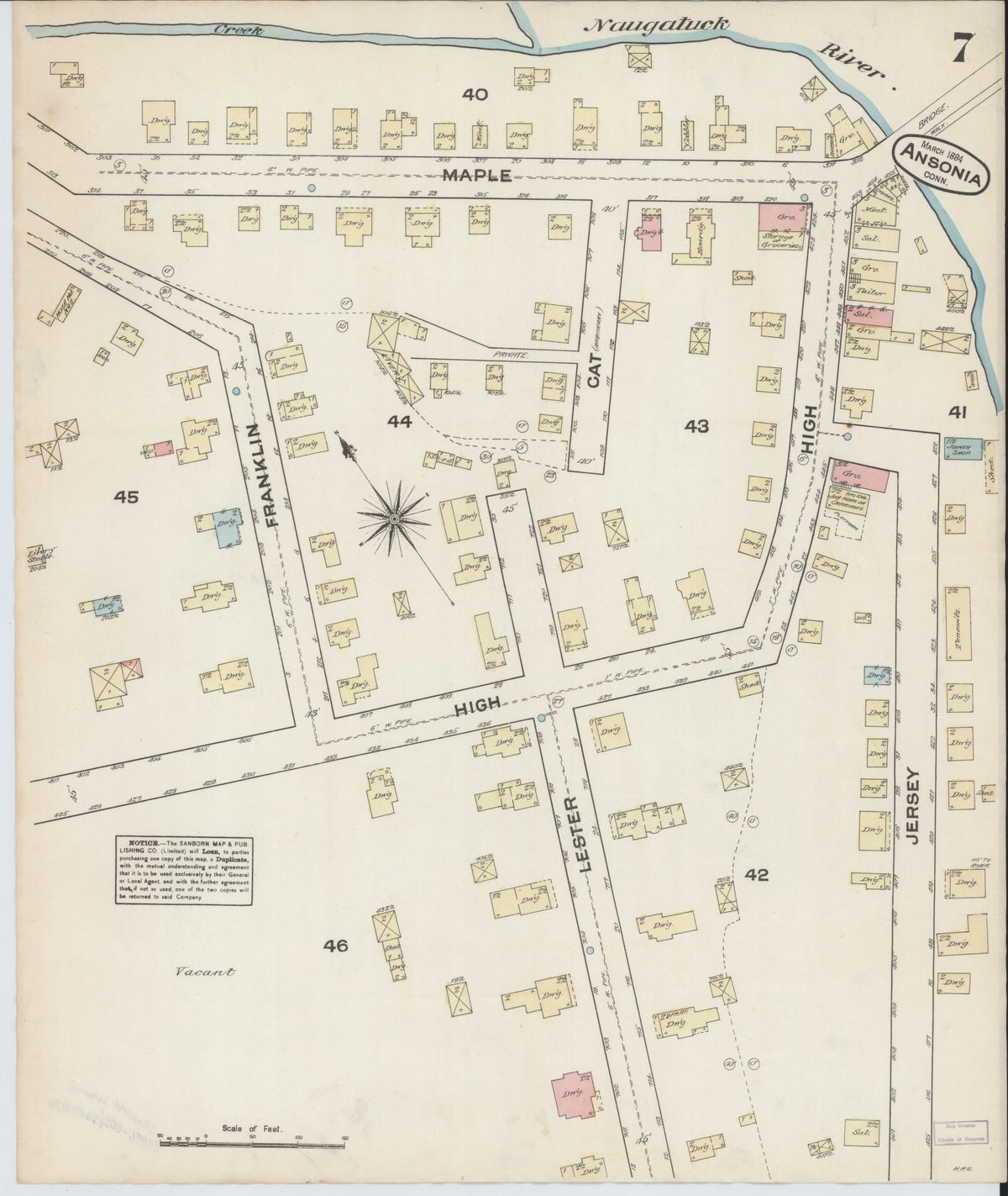 Sanborn Fire Insurance Map from Ansonia, New Haven County, Connecticut (1884), Sheet #0007 - Historic Sanborn Fire Insurance Map Print, vintage old map wall art, antique decor, genealogy gift, Connecticut Connecticut map