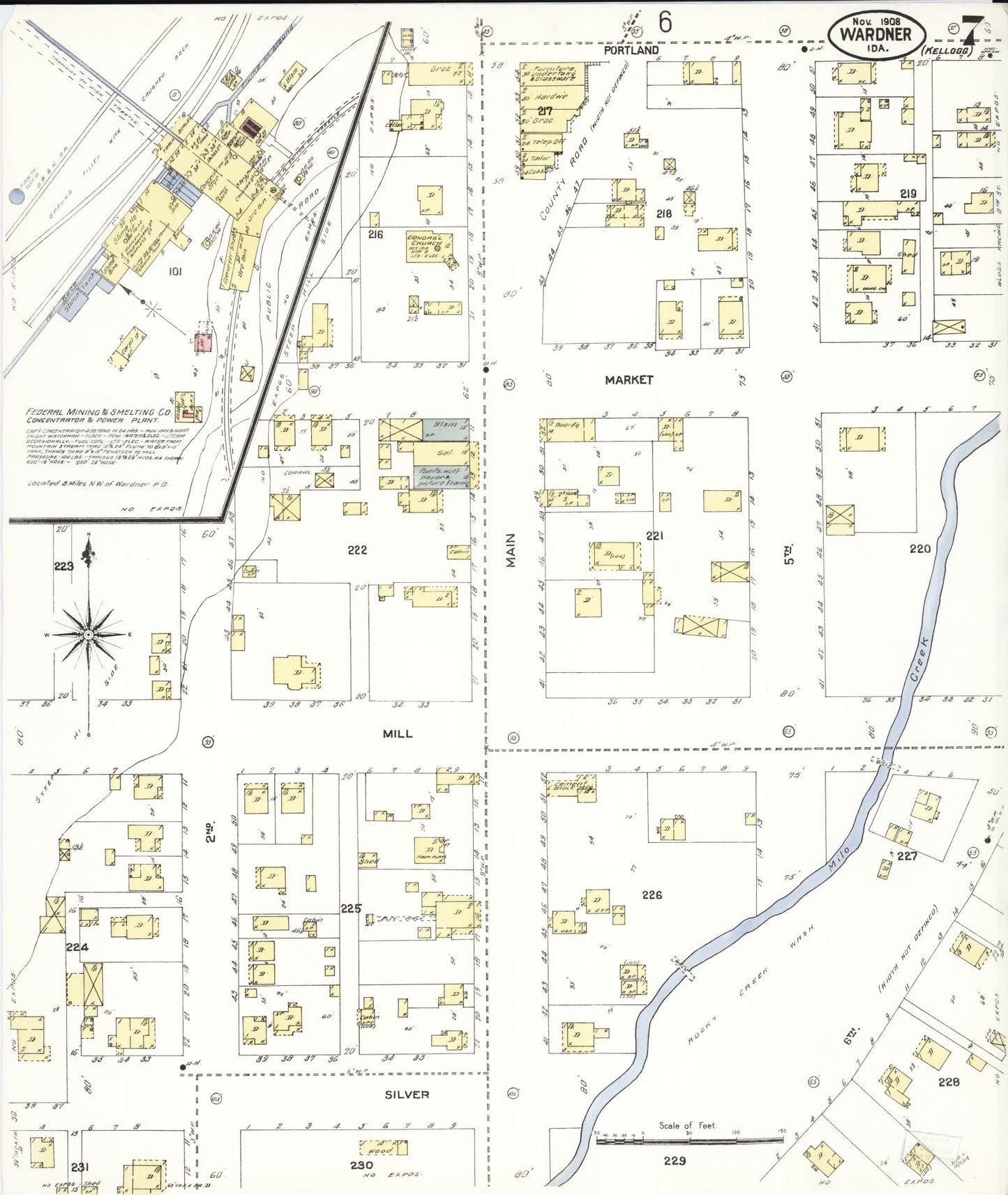 Sanborn Fire Insurance Map from Wardner, Shoshone County, Idaho (1908), Sheet #0007 - Complete Map Set gallery image, historic Sanborn map, vintage wall art, Idaho Idaho
