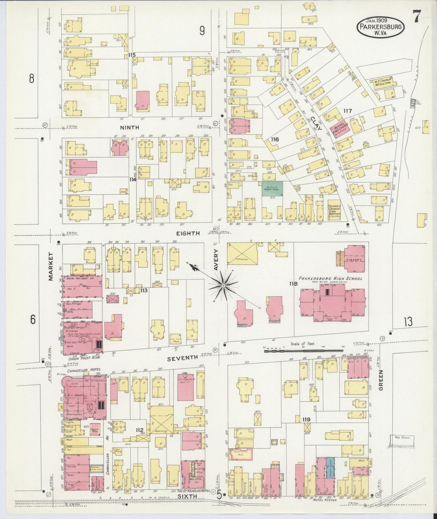 Sanborn Fire Insurance Map from Parkersburg, Wood County, West Virginia (1909), Sheet #0007 - Complete Map Set gallery image, historic Sanborn map, vintage wall art, West Virginia West Virginia