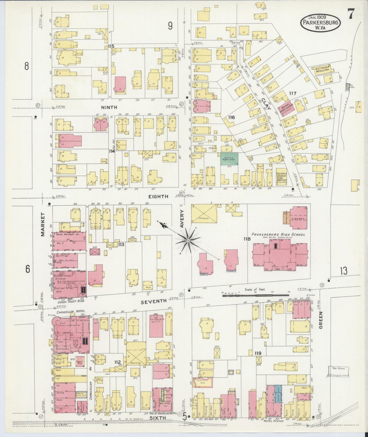 Sanborn Fire Insurance Map from Parkersburg, Wood County, West Virginia (1909), Sheet #0007 - Complete Map Set gallery image, historic Sanborn map, vintage wall art, West Virginia West Virginia