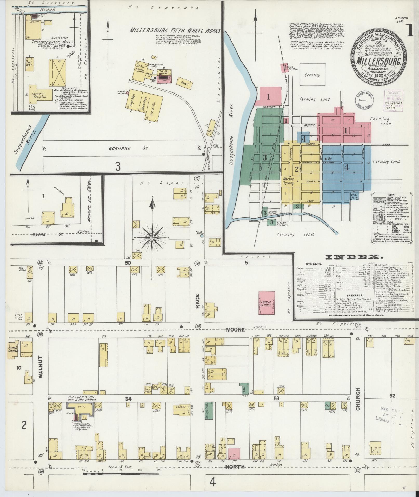 Sanborn Fire Insurance Map from Millersburg, Dauphin County, Pennsylvania (1902), Sheet #0001 - Historic Sanborn Fire Insurance Map Print, vintage old map wall art, antique decor, genealogy gift, Pennsylvania Pennsylvania map