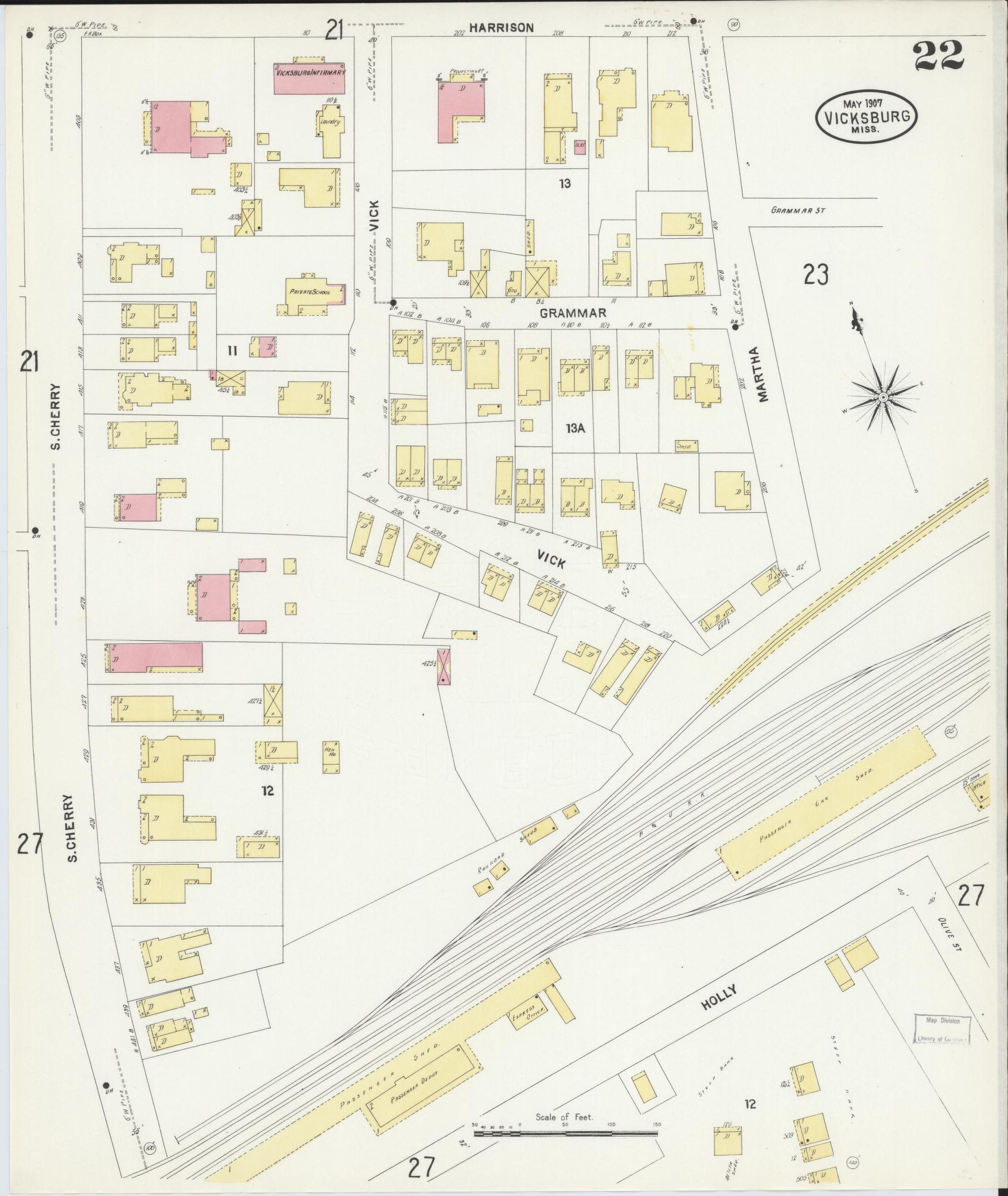 Sanborn Fire Insurance Map from Vicksburg, Warren County, Mississippi (1907), Sheet #0022 - Complete Map Set gallery image, historic Sanborn map, vintage wall art, Mississippi Mississippi
