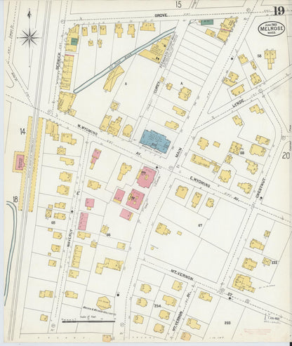 Sanborn Fire Insurance Map from Melrose, Middlesex County, Massachusetts (1903), Sheet #0019 - Historic Sanborn Fire Insurance Map Print, vintage old map wall art, antique decor, genealogy gift, Massachusetts Massachusetts map