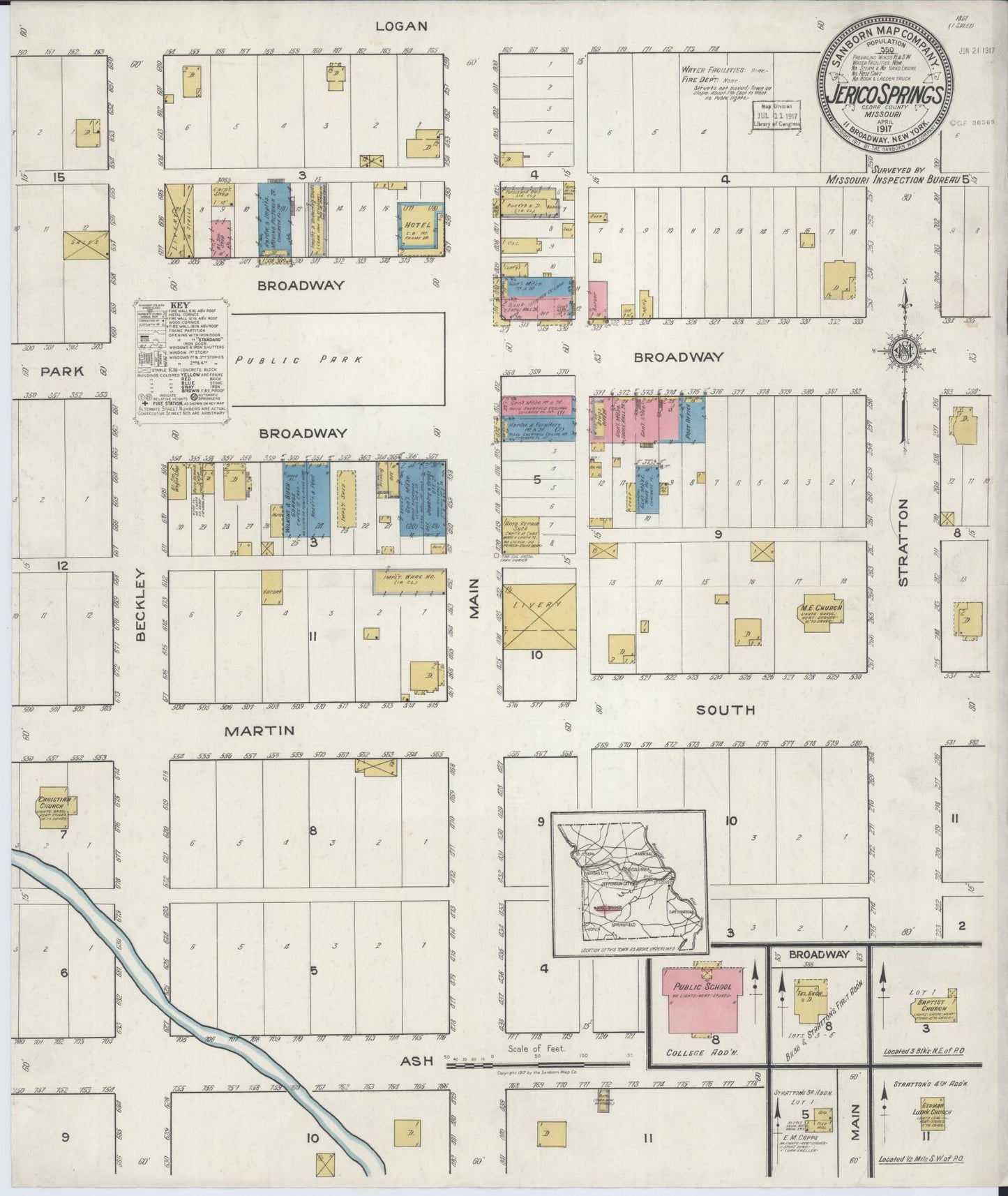 Sanborn Fire Insurance Map from Jerico Springs, Cedar County, Missouri (1917), Sheet #0001 - Historic Sanborn Fire Insurance Map Print, vintage old map wall art, antique decor, genealogy gift, Missouri Missouri map