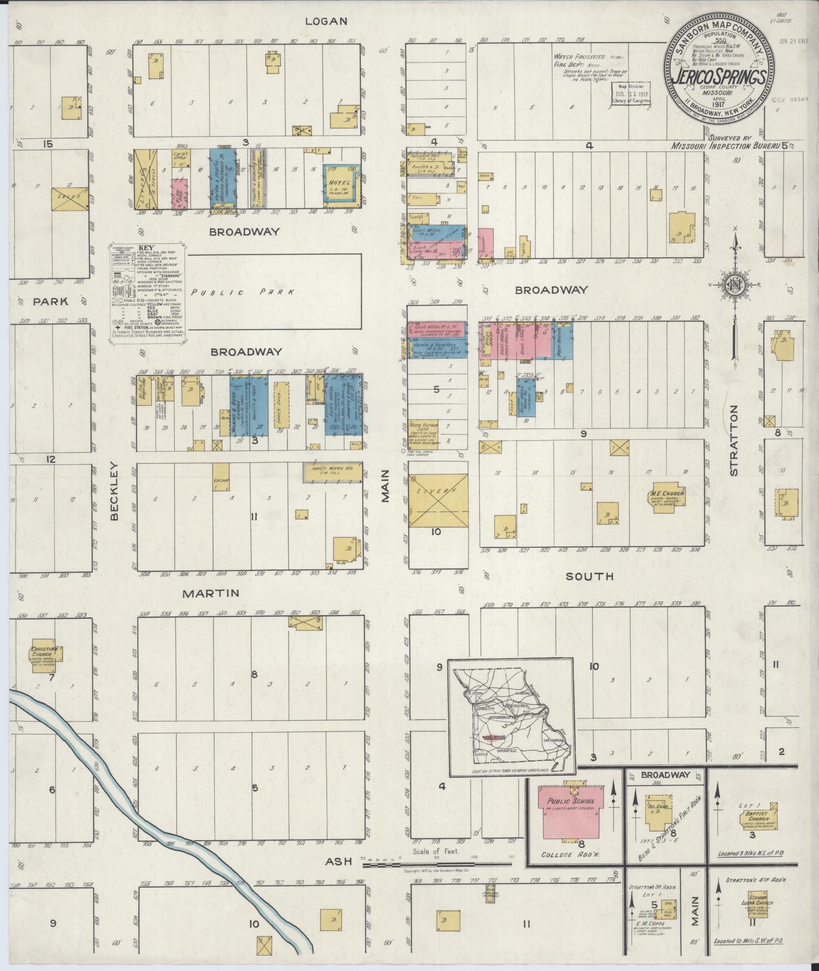 Sanborn Fire Insurance Map from Jerico Springs, Cedar County, Missouri (1917), Sheet #0001 - Historic Sanborn Fire Insurance Map Print, vintage old map wall art, antique decor, genealogy gift, Missouri Missouri map