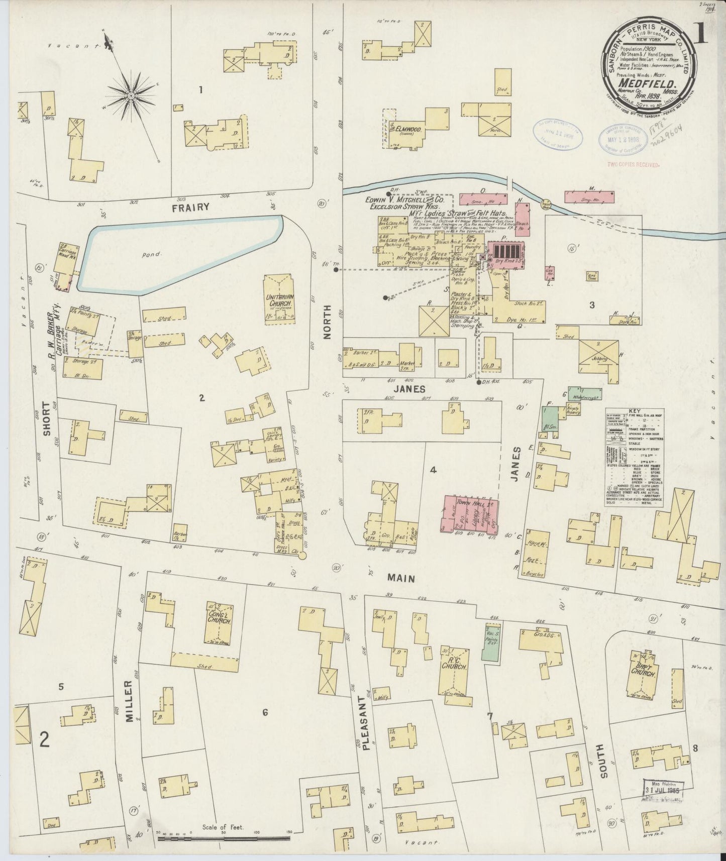 Sanborn Fire Insurance Map from Medfield, Norfolk County, Massachusetts (1898), Sheet #0001 - Historic Sanborn Fire Insurance Map Print, vintage old map wall art, antique decor, genealogy gift, Massachusetts Massachusetts map