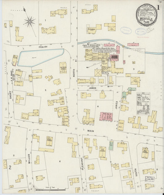 Sanborn Fire Insurance Map from Medfield, Norfolk County, Massachusetts (1898), Sheet #0001 - Historic Sanborn Fire Insurance Map Print, vintage old map wall art, antique decor, genealogy gift, Massachusetts Massachusetts map