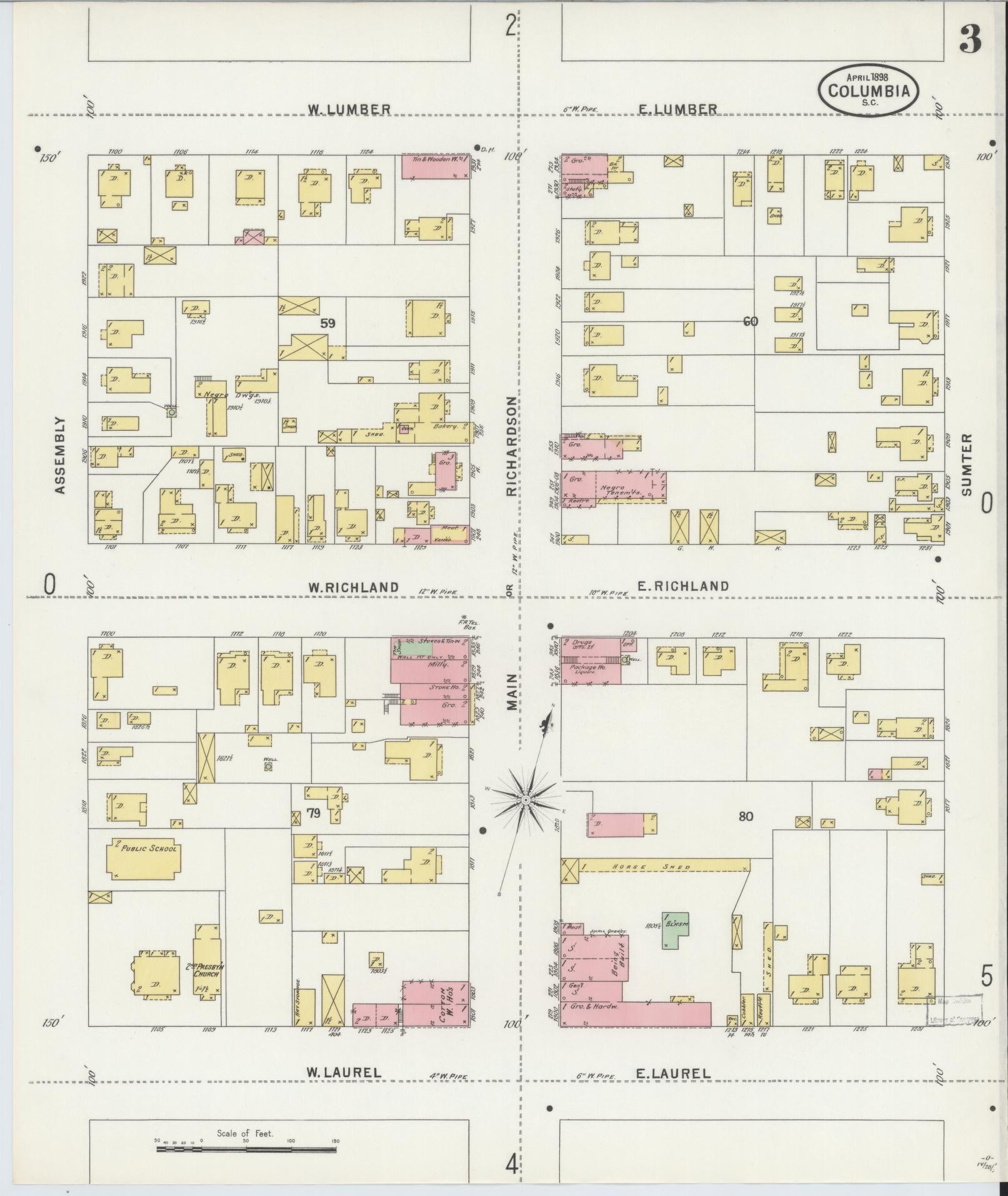 Sanborn Fire Insurance Map from Columbia, Richland County, South Carolina (1898), Sheet #0003 - Historic Sanborn Fire Insurance Map Print, vintage old map wall art, antique decor, genealogy gift, South Carolina South Carolina map