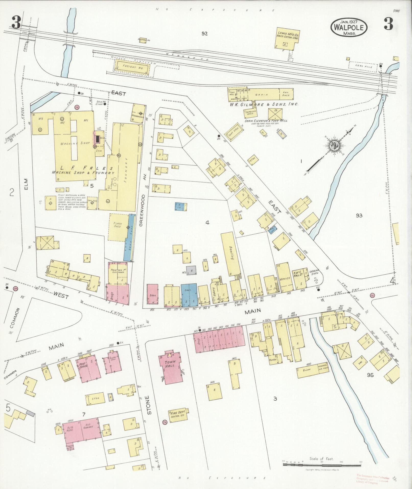 Sanborn Fire Insurance Map from Walpole, Norfolk County, Massachusetts (1927), Sheet #0003 - Complete Map Set gallery image, historic Sanborn map, vintage wall art, Massachusetts Massachusetts
