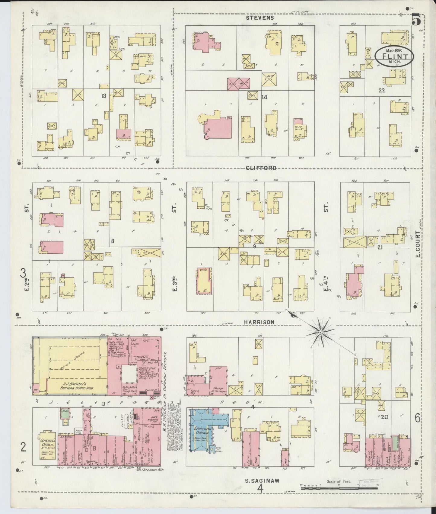 Sanborn Fire Insurance Map from Flint, Genesee County, Michigan (1898), Sheet #0005 - Historic Sanborn Fire Insurance Map Print, vintage old map wall art, antique decor, genealogy gift, Michigan Michigan map