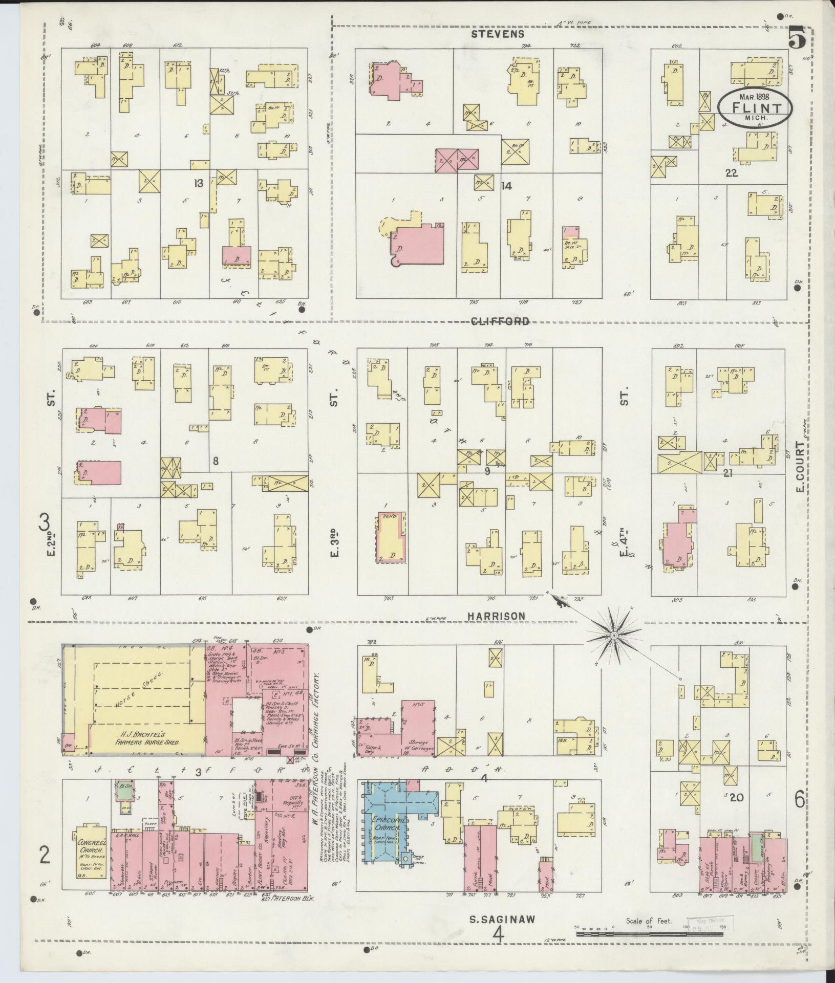 Sanborn Fire Insurance Map from Flint, Genesee County, Michigan (1898), Sheet #0005 - Historic Sanborn Fire Insurance Map Print, vintage old map wall art, antique decor, genealogy gift, Michigan Michigan map