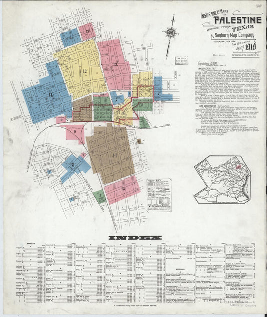 Sanborn Fire Insurance Map from Palestine, Anderson County, Texas (1919), Sheet #0001 - Historic Sanborn Fire Insurance Map Print, vintage old map wall art, antique decor, genealogy gift, Texas Texas map