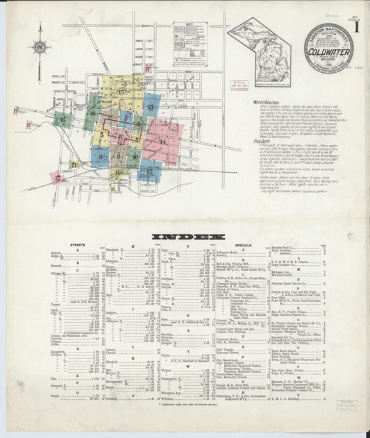 Sanborn Fire Insurance Map from Coldwater, Branch County, Michigan (1914), Sheet #0001 - Complete Map Set gallery image, historic Sanborn map, vintage wall art, Michigan Michigan