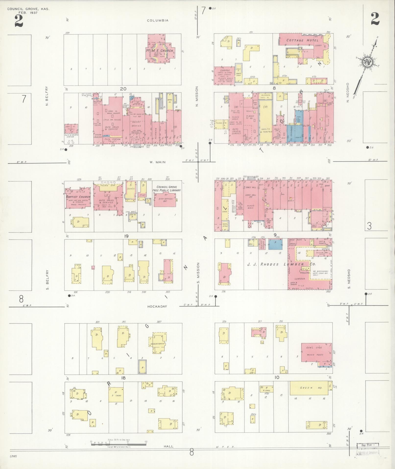 Sanborn Fire Insurance Map from Council Grove, Morris County, Kansas (1937), Sheet #0002 - Historic Sanborn Fire Insurance Map Print, vintage old map wall art, antique decor, genealogy gift, Kansas Kansas map