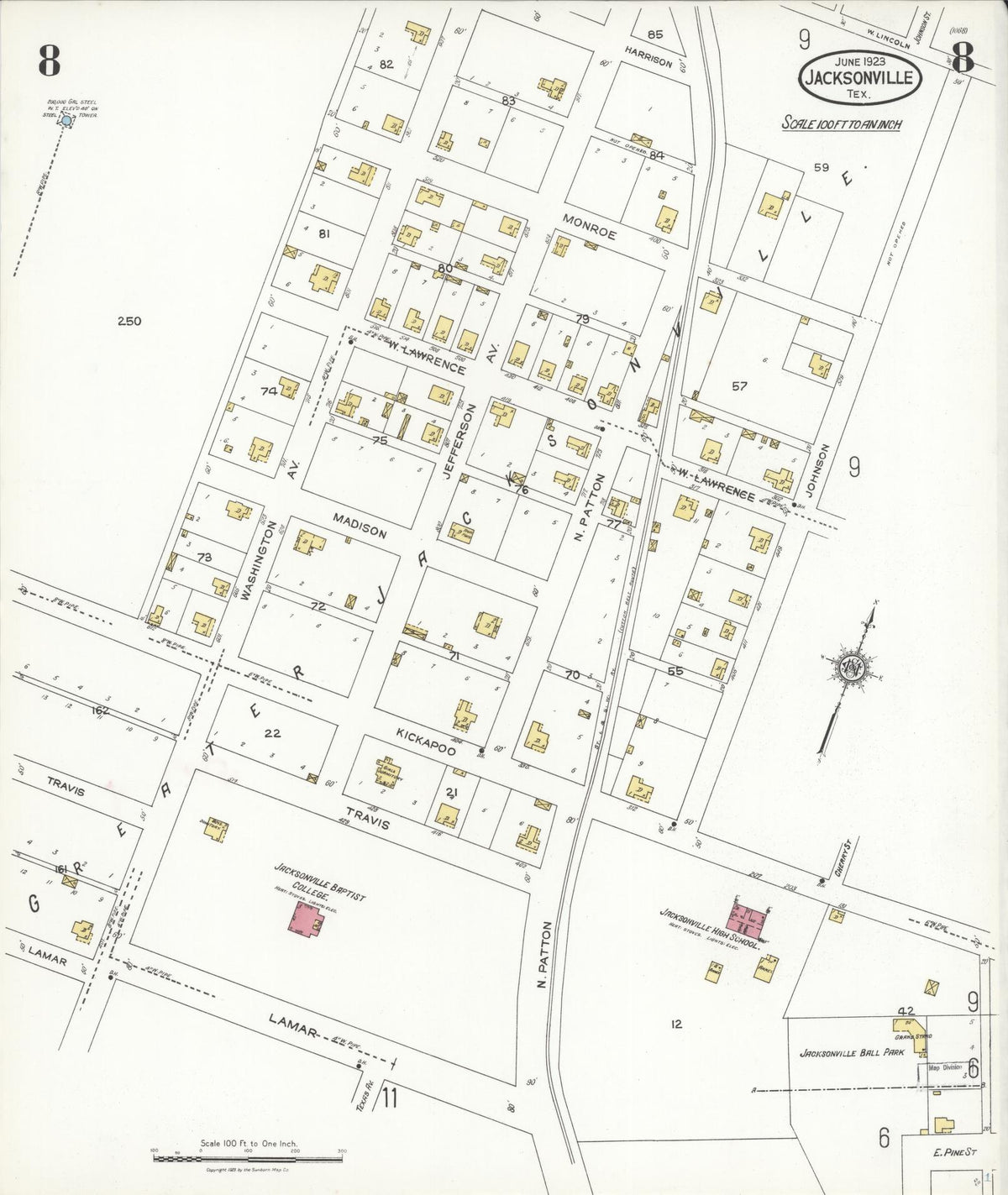 Sanborn Fire Insurance Map from Jacksonville, Cherokee County, Texas (1923), Sheet #0008 - Complete Map Set gallery image, historic Sanborn map, vintage wall art, Texas Texas