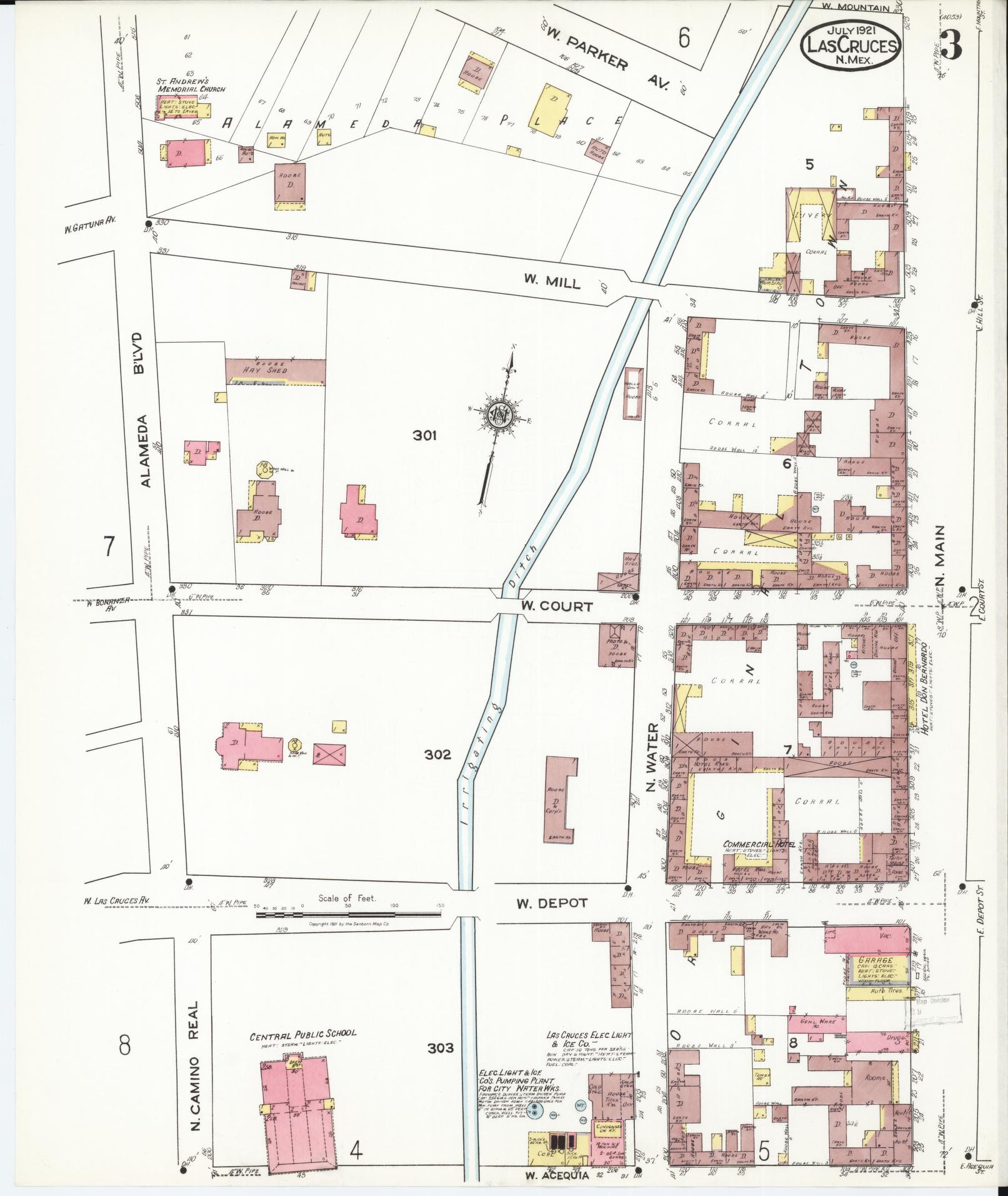 Sanborn Fire Insurance Map from Las Cruces, Dona Ana County, New Mexico (1921), Sheet #0003 - Complete Map Set gallery image, historic Sanborn map, vintage wall art, New Mexico New Mexico