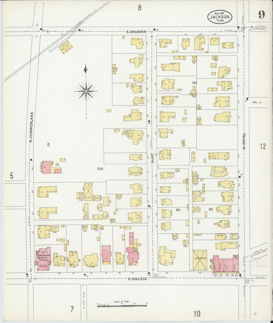 Sanborn Fire Insurance Map from Jackson, Madison County, Tennessee (1907), Sheet #0009 - Historic Sanborn Fire Insurance Map Print, vintage old map wall art, antique decor, genealogy gift, Tennessee Tennessee map