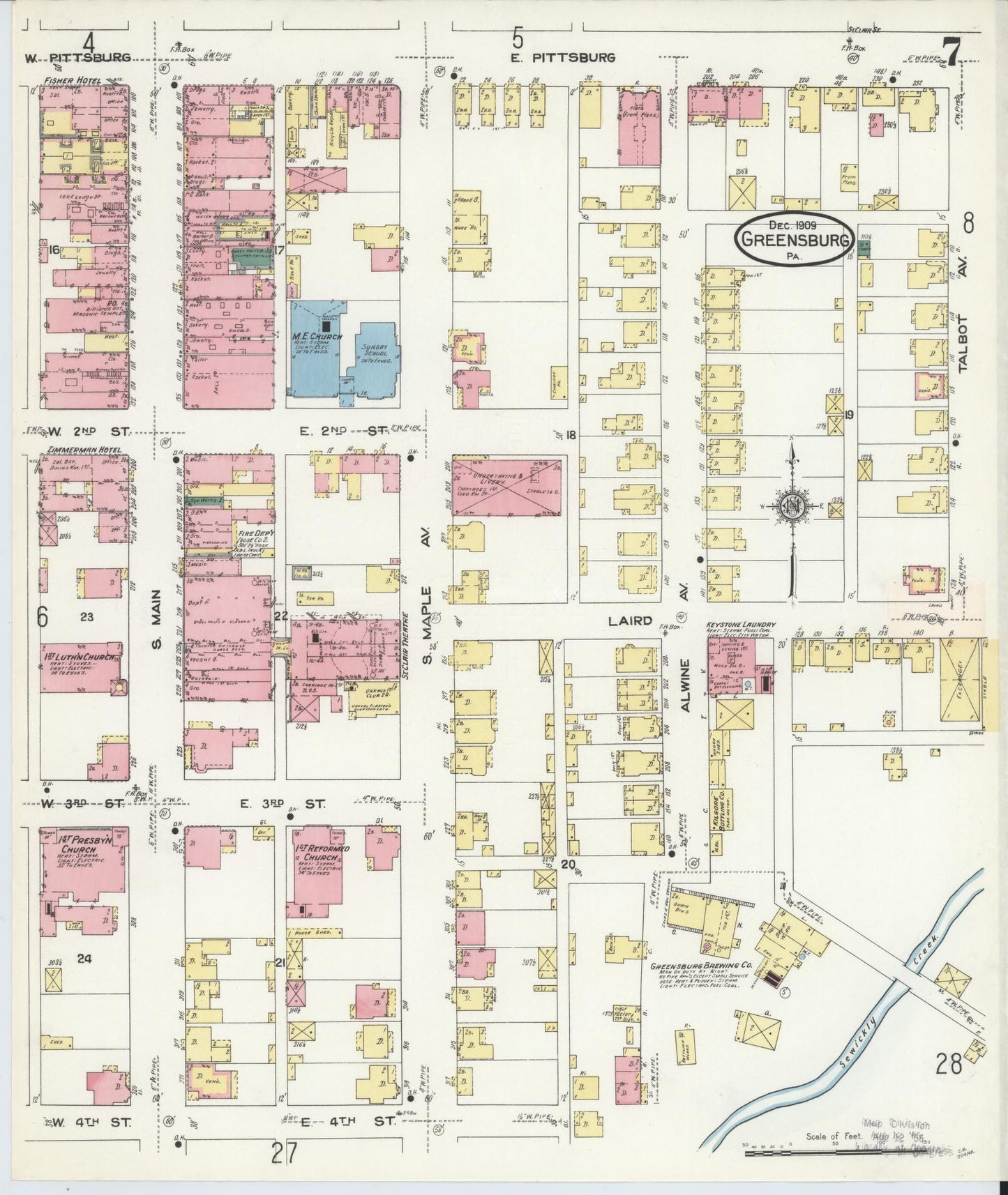 Sanborn Fire Insurance Map from Greensburg, Westmoreland County, Pennsylvania (1909), Sheet #0007 - Historic Sanborn Fire Insurance Map Print, vintage old map wall art, antique decor, genealogy gift, Pennsylvania Pennsylvania map