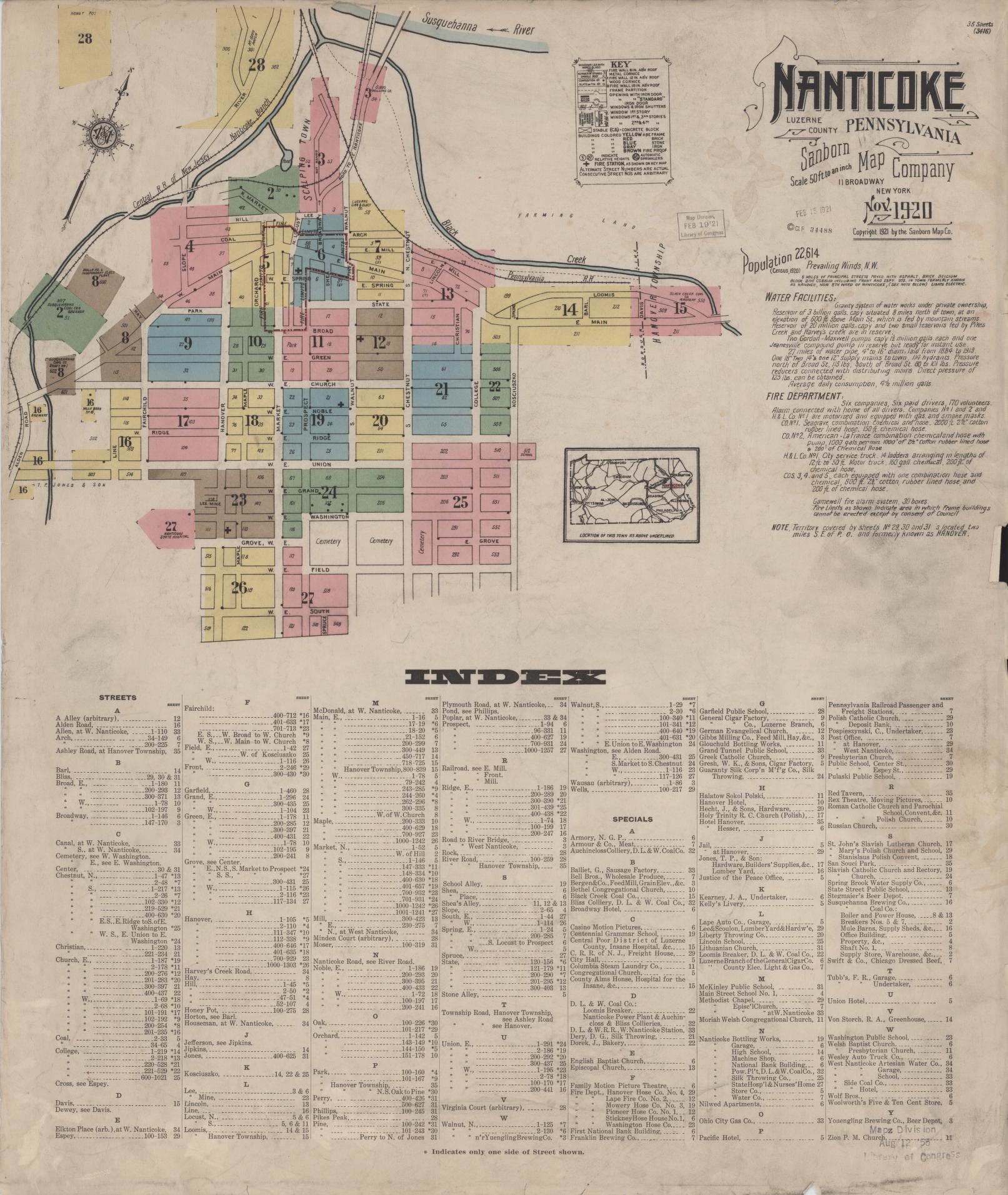 Sanborn Fire Insurance Map from Nanticoke, Luzerne County, Pennsylvania (1920), Sheet #0001 - Historic Sanborn Fire Insurance Map Print, vintage old map wall art, antique decor, genealogy gift, Pennsylvania Pennsylvania map